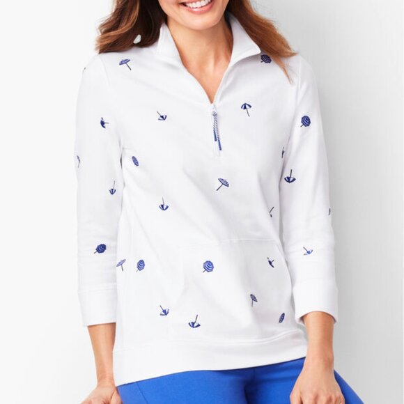 T Talbots Novelty Beach Embroidered Umbrella Half Zip Terry Pullover Size 2X L58 - Picture 1 of 16